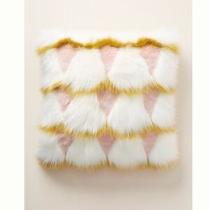 Anthropologie White and Pink Faux Fur Pillow and throw blanket with Gold Accents